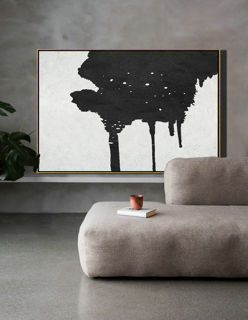 Artwork For Sale,Oversized Horizontal Minimal Art On Canvas, Black And White Minimalist Painting - Large Living Room Decor
